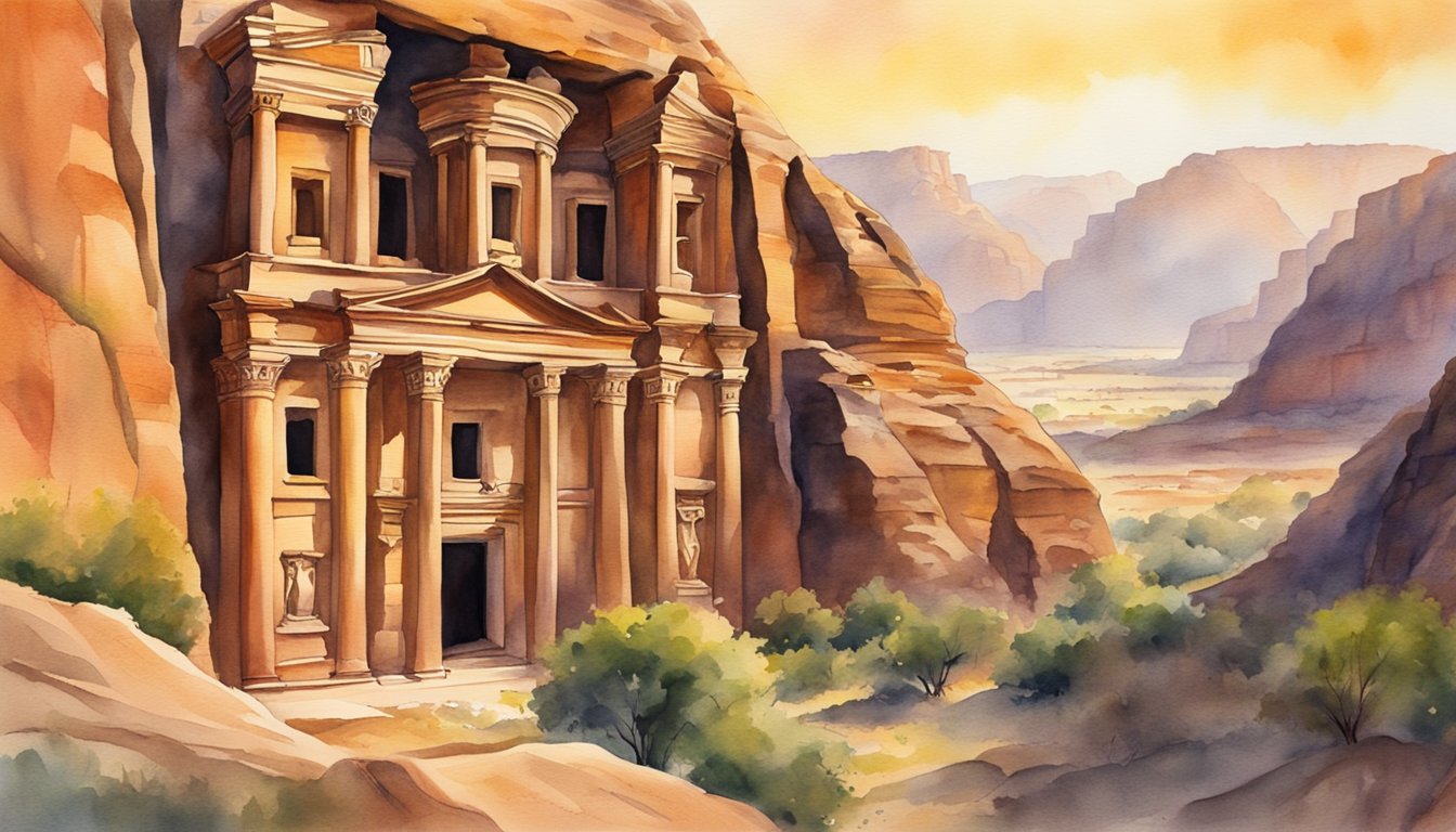 The sun rises behind the iconic sandstone cliffs of Petra, casting a warm glow on the ancient city's intricate carvings and towering facades