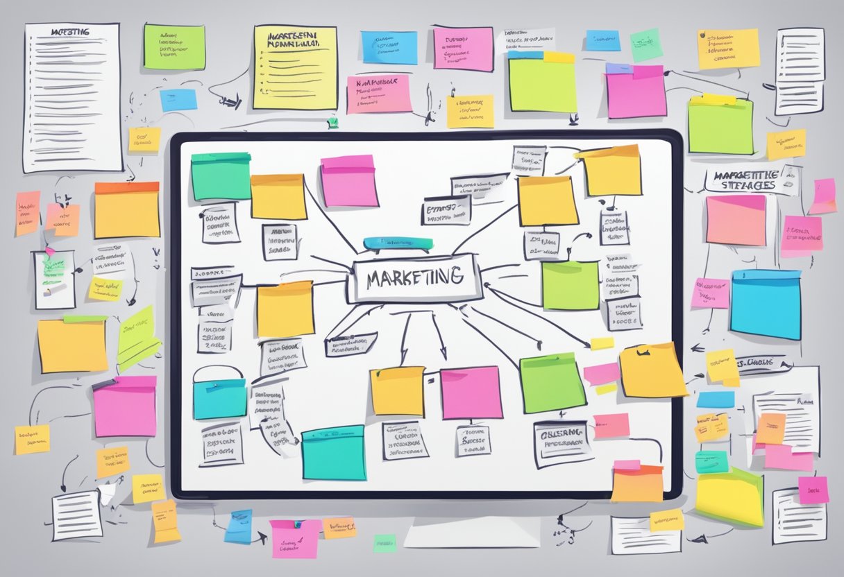 A whiteboard with a flowchart of marketing strategies, surrounded by colorful sticky notes and markers