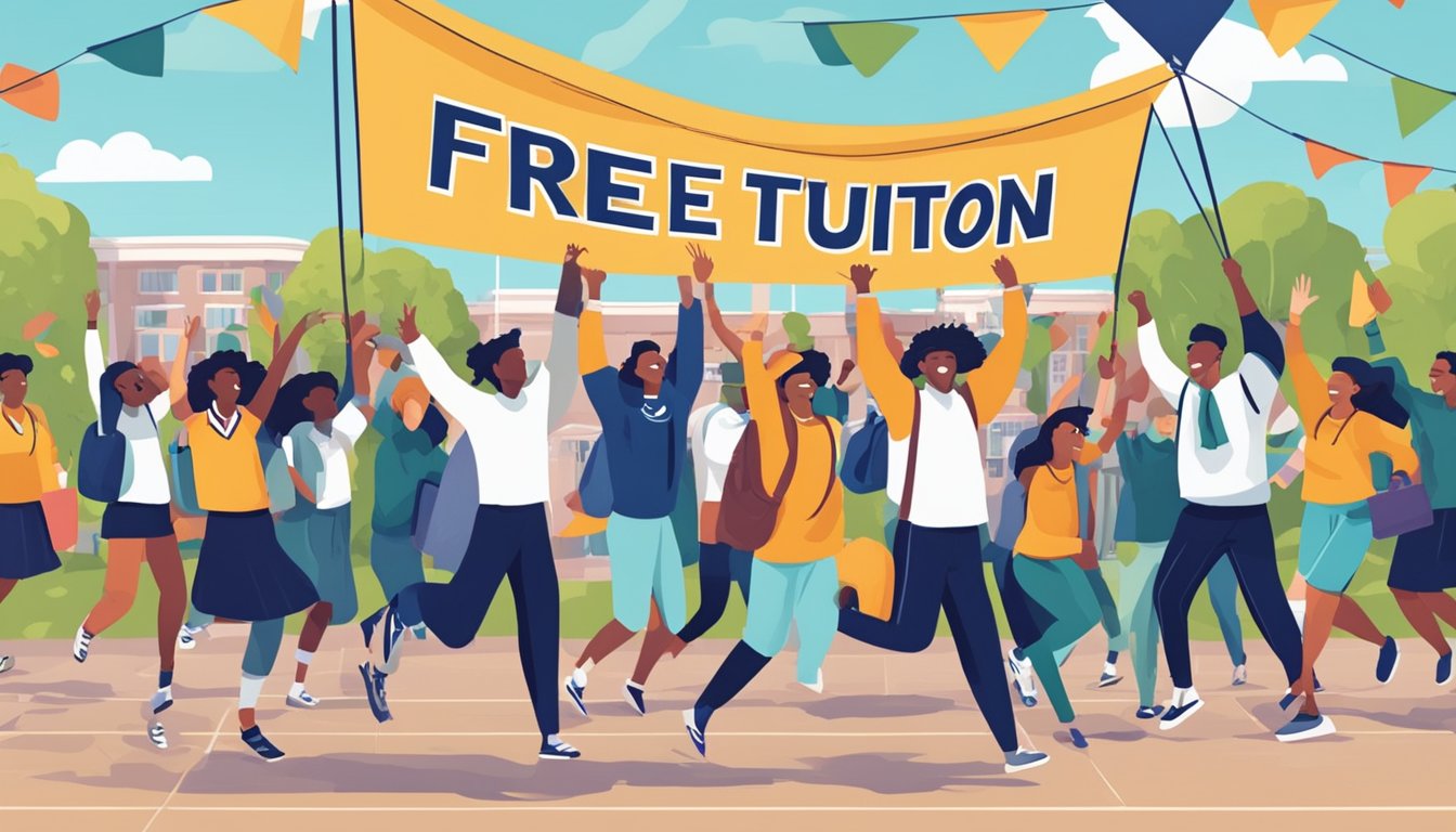 A group of students celebrating joyfully in front of a university, with a banner reading "Free College Tuition" in bold letters