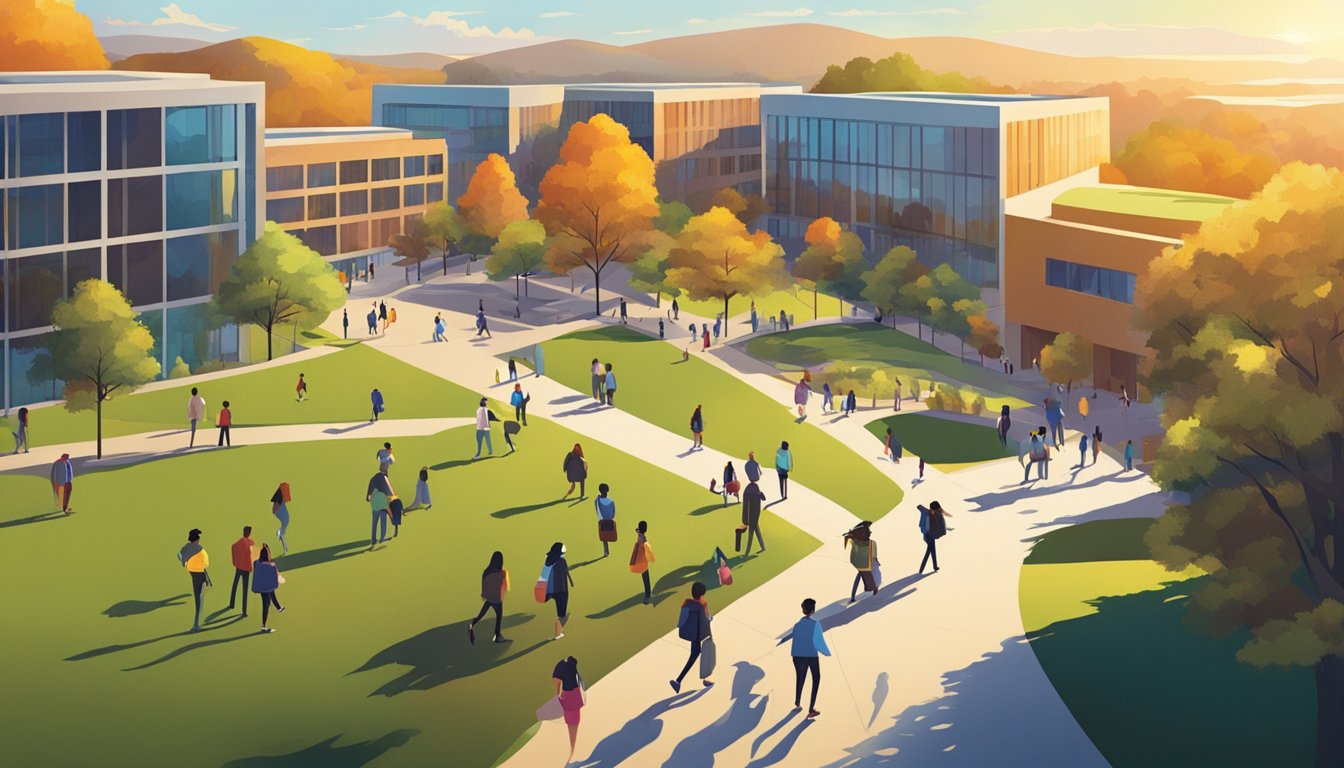 A group of students walk through a vibrant campus, surrounded by rolling hills and modern buildings. The sun shines down, casting long shadows as they explore the landscape of free college tuition