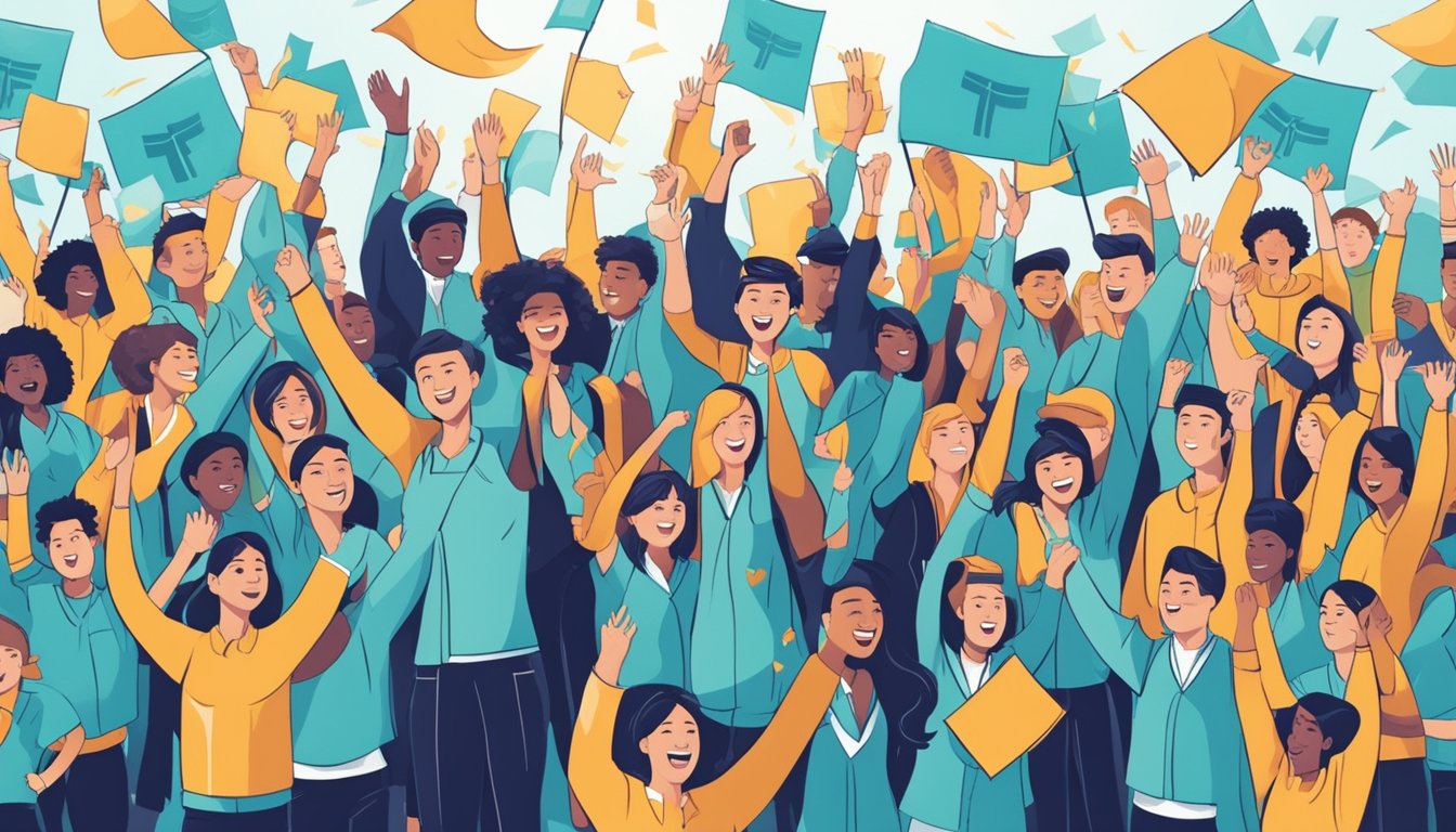 A group of students eagerly raising their hands, surrounded by banners and signs promoting free college tuition