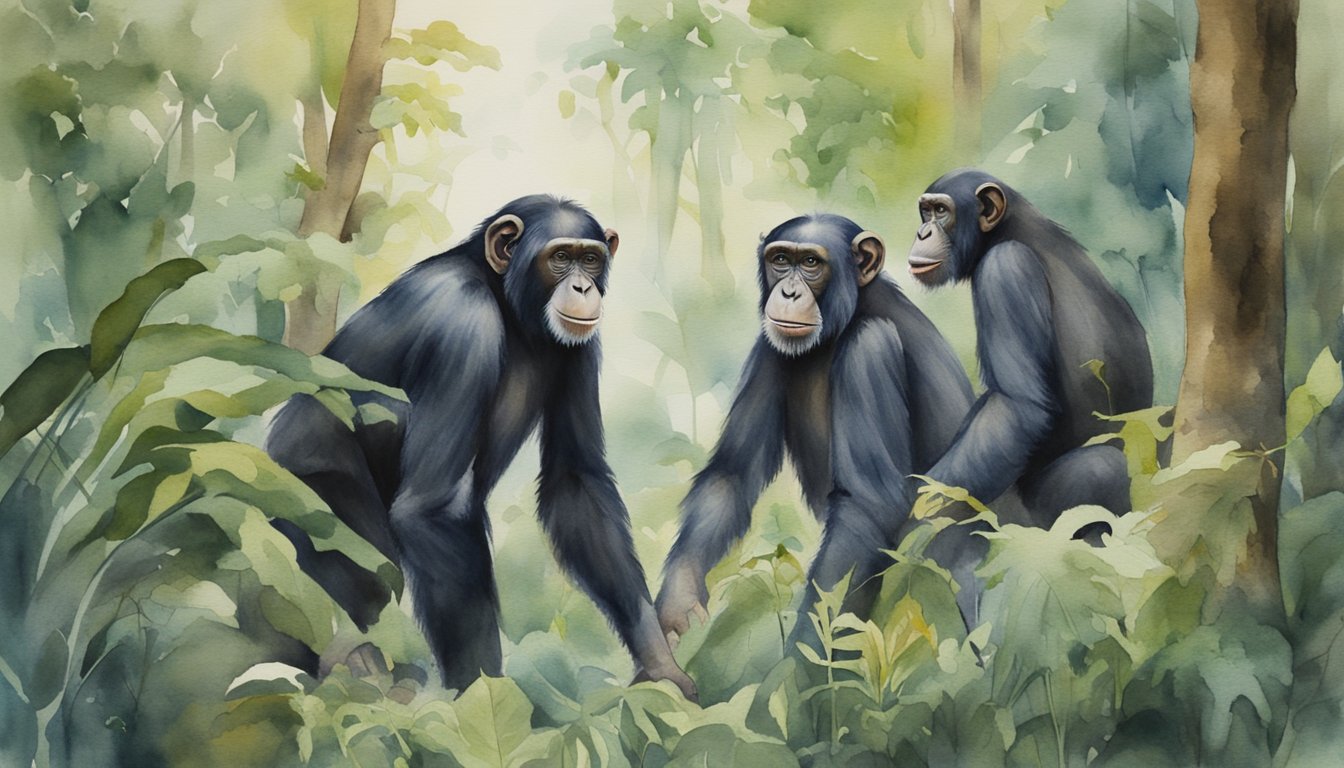 Chimps in a dense forest, one infected, others in close proximity.</p><p>Evolution of HIV depicted through interaction and transmission