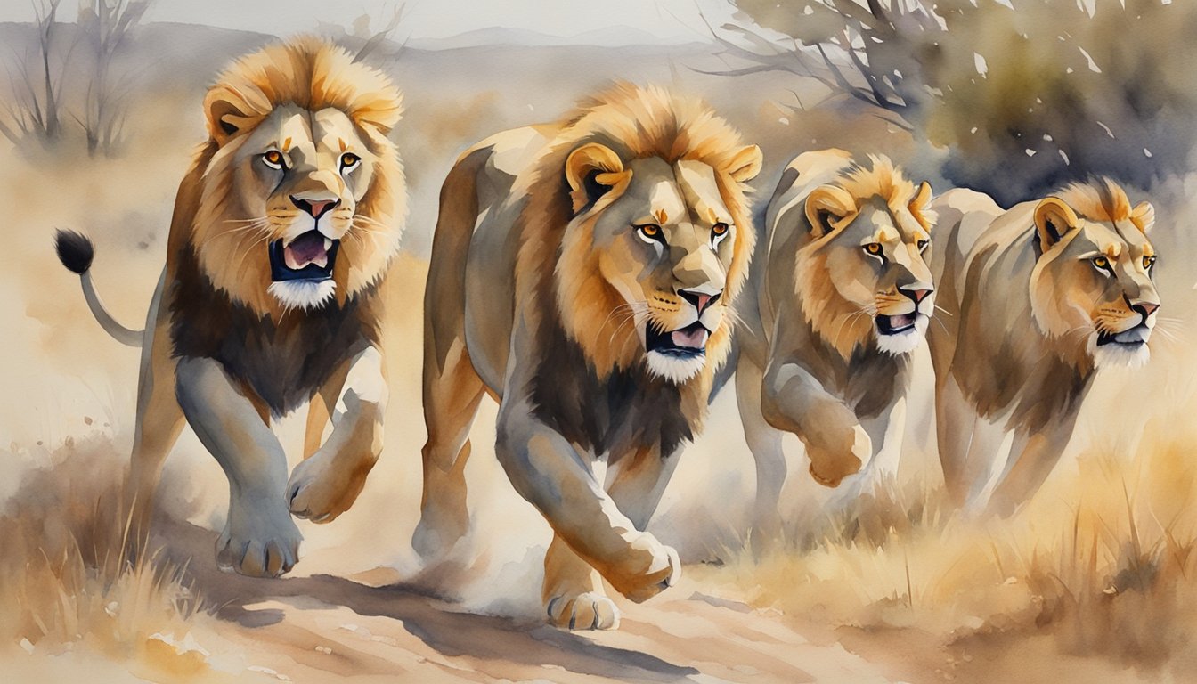 A pride of lions hunts together, stalking prey with stealth and coordination.</p><p>The dominant male leads the charge, while the lionesses work together to surround and ambush their target