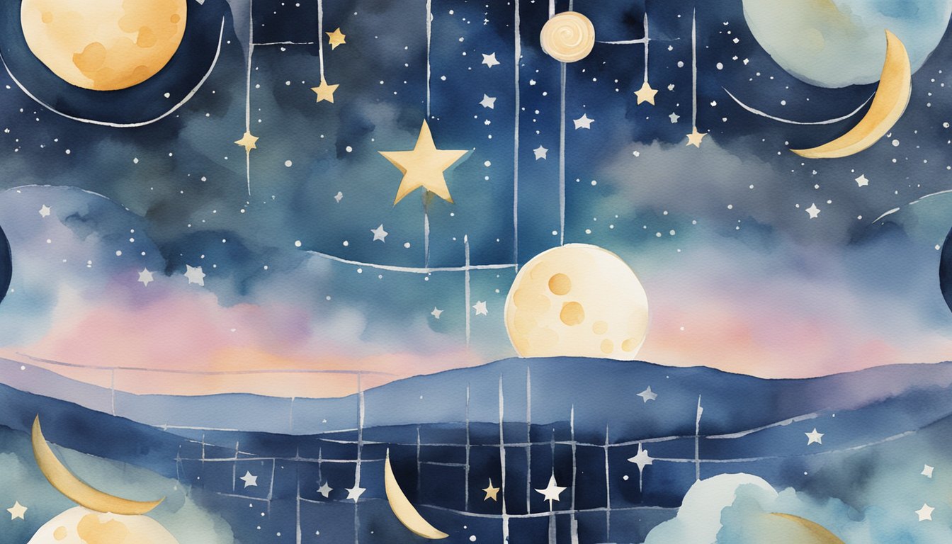 A calendar with highlighted full moon dates.</p><p>Surrounding it are celestial symbols, stars, and night sky elements