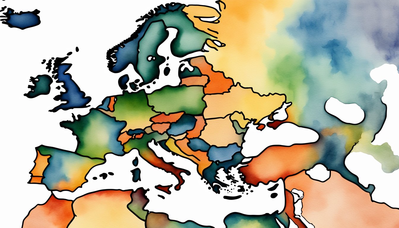 A map showing different countries with their borders and major cities marked