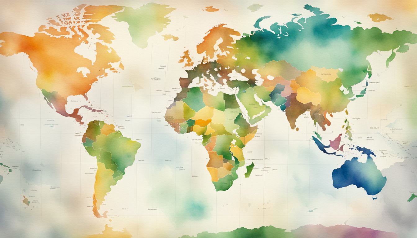 A map of the world with different countries highlighted in vibrant colors, with data points and statistics displayed next to each country