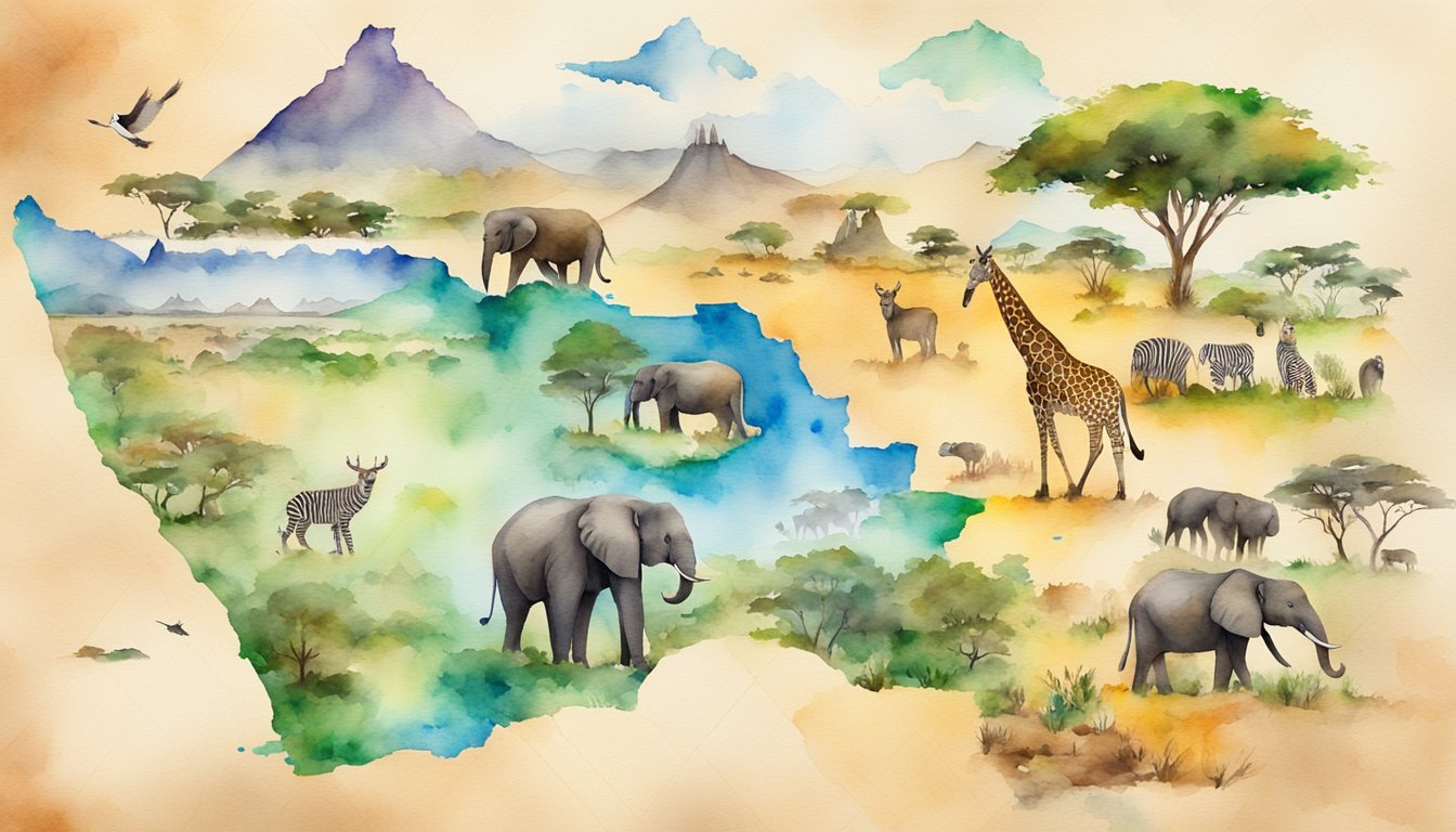 A map of Kenya with iconic landmarks and wildlife, surrounded by vibrant culture and diverse landscapes