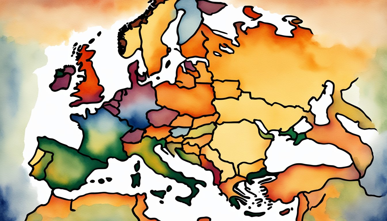 A map of the world with a menacing shadow looming over Russia, representing the geopolitical impact of Russia's nuclear threat