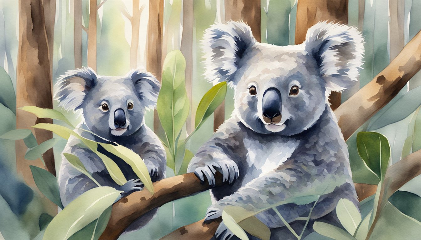 Koalas in a eucalyptus forest, a researcher collecting samples for chlamydia testing