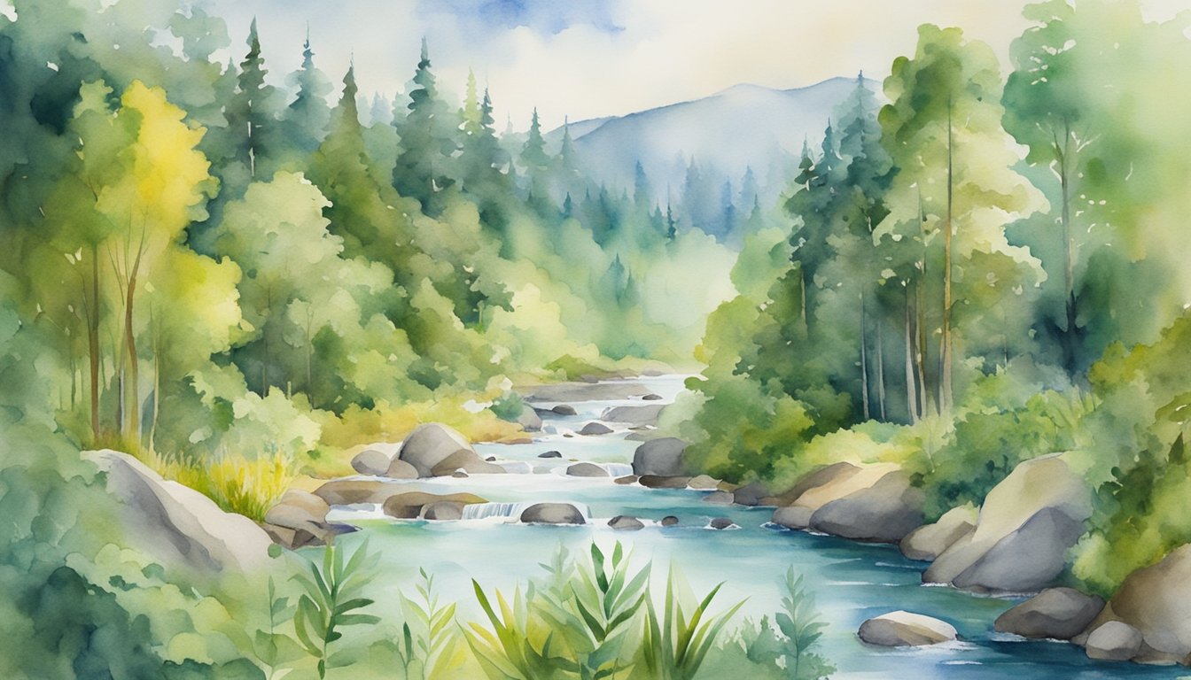 A lush forest with diverse wildlife, a clear river flowing through, and a variety of sustainable energy sources in the background