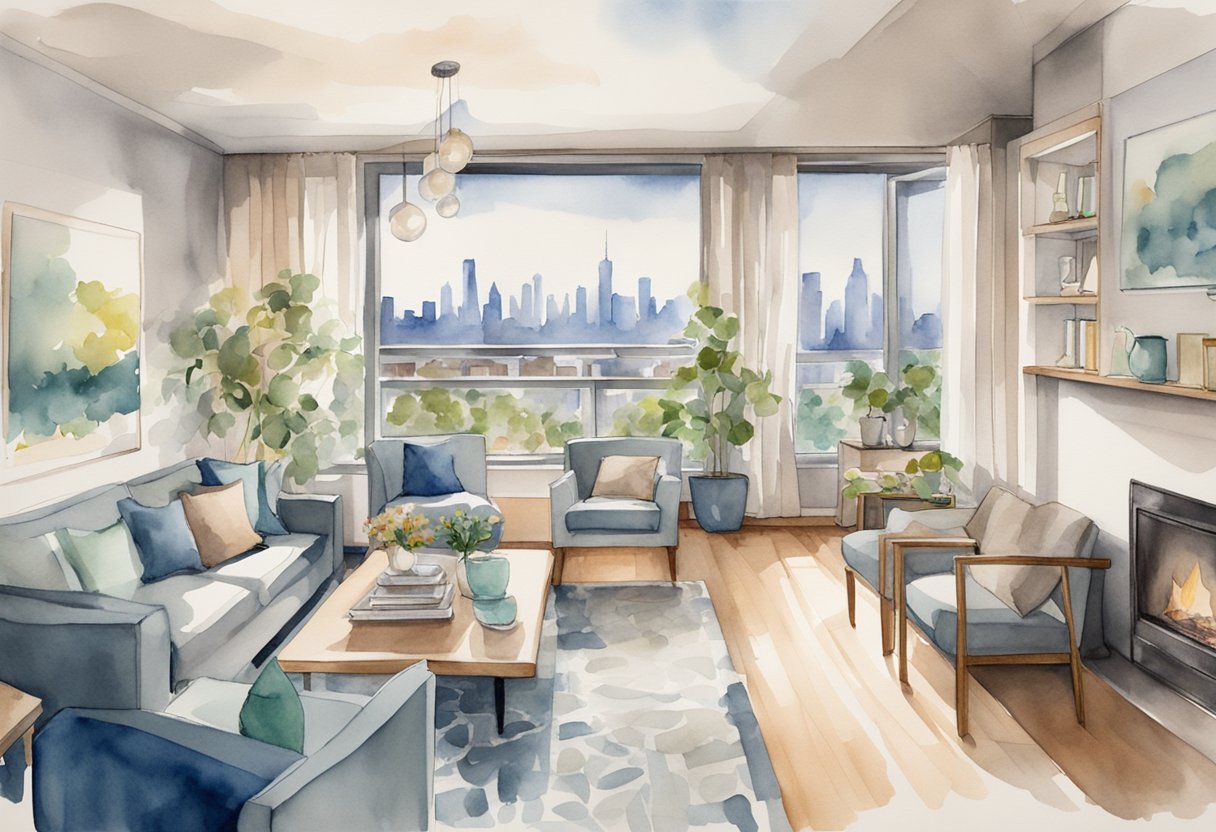 A cozy living room with modern decor, a fully stocked kitchen, and a comfortable bedroom with crisp linens, all set against a backdrop of a bustling city skyline