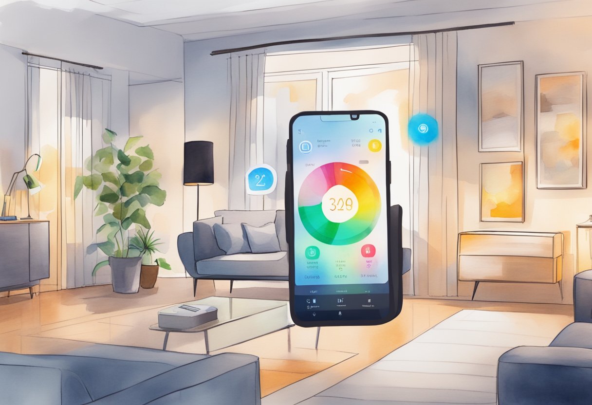 A modern apartment with smart devices controlling temperature, lighting, and security. A smartphone displaying the Houst UK app managing bookings and maximizing rental income