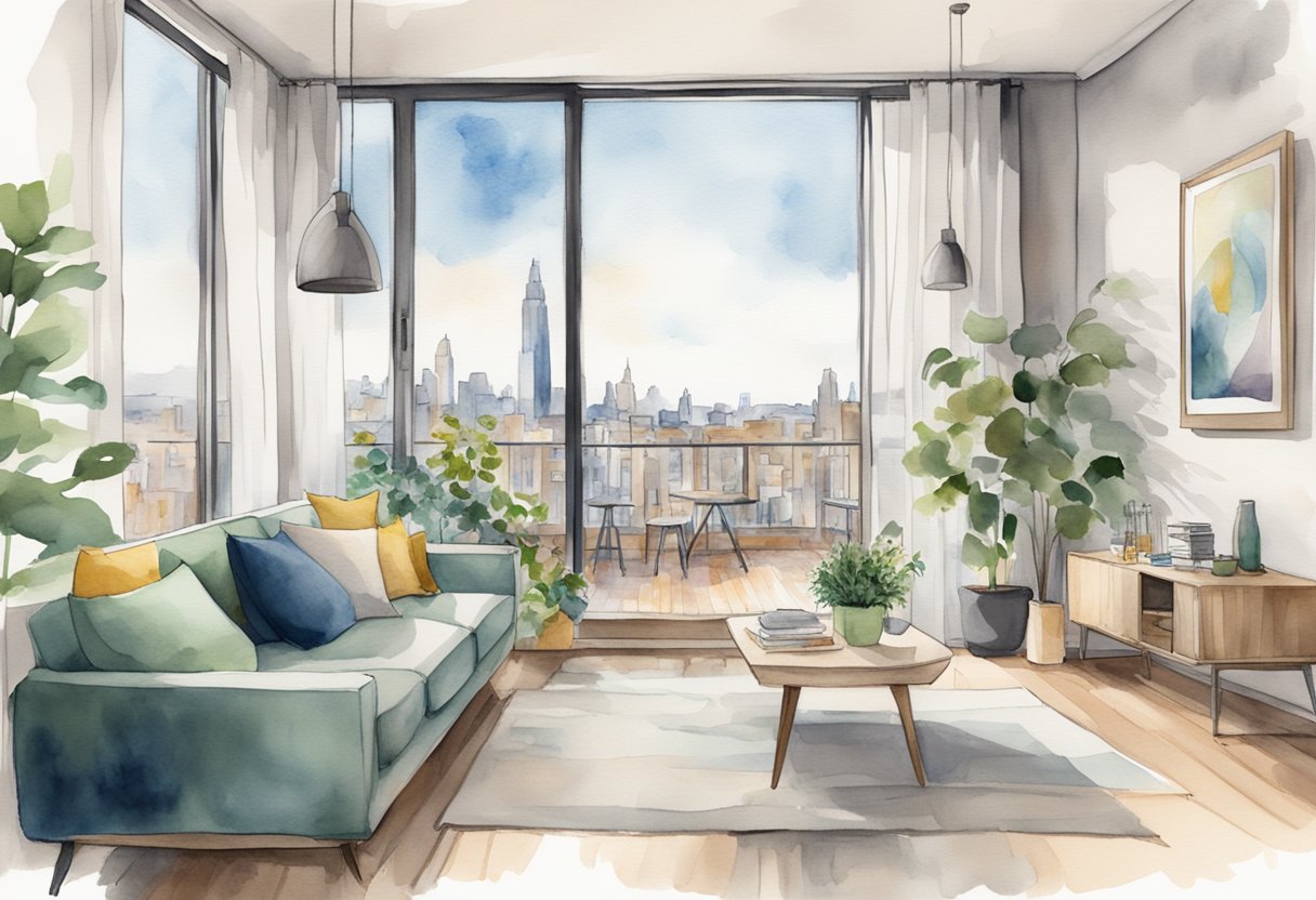 A cozy, modern apartment with eco-friendly features. A bustling city in the background. A sign with "Houst UK's Commitment to Sustainability" and "Maximising Your Rental Income" displayed prominently