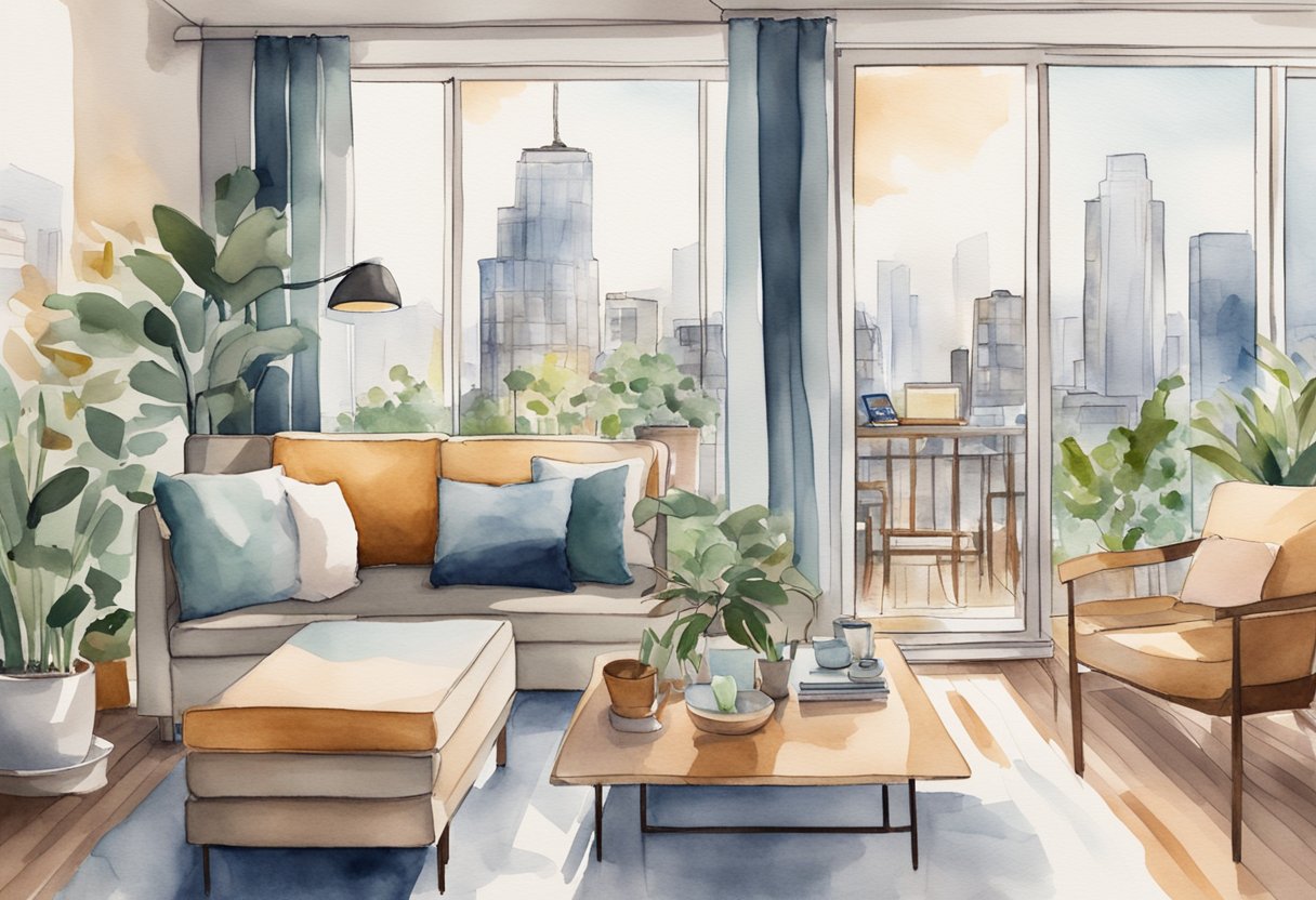 A cozy living room with a view of a bustling city, featuring modern furniture and decor. A laptop displaying various short-term rental platforms sits on a coffee table