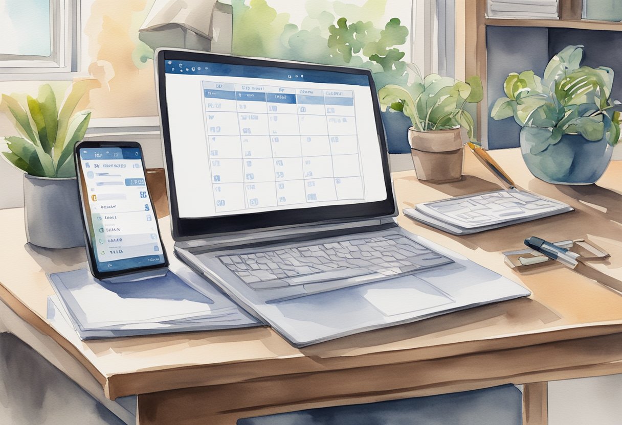 A laptop and smartphone sit on a desk, surrounded by paperwork and a calendar. A maintenance schedule is being coordinated and organized for short-term rental properties in the UK