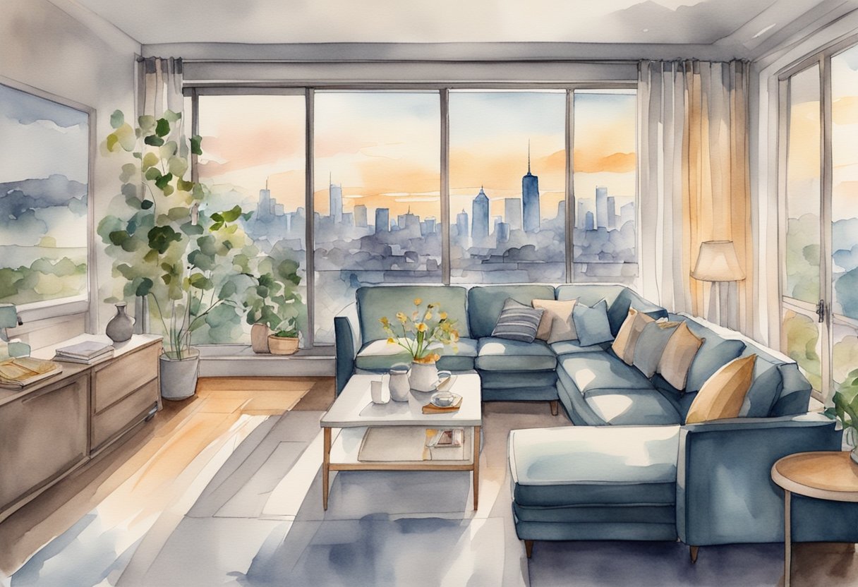 A cozy living room with a modern sofa, a well-equipped kitchen, and a comfortable bedroom with a view of the city skyline