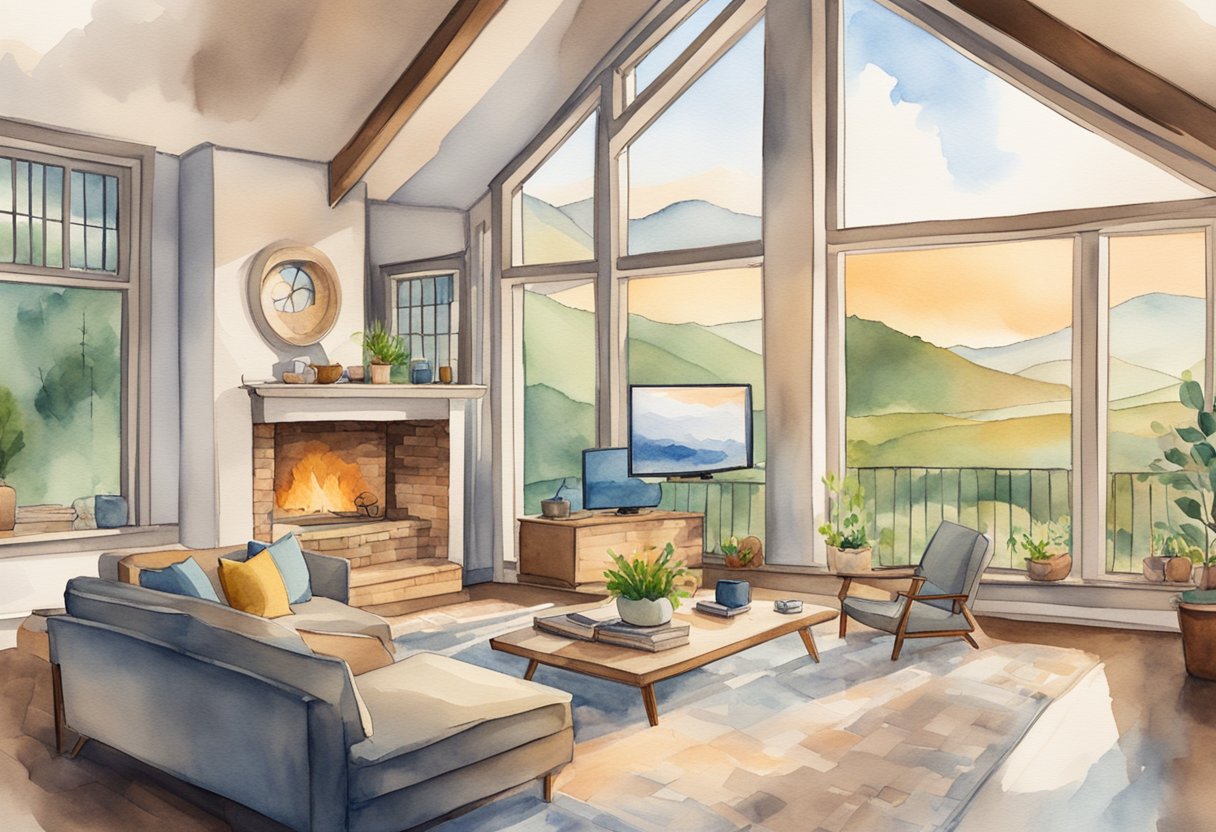 A cozy living room with a fireplace and large windows, overlooking a picturesque countryside. A laptop and various short-term rental platform logos are displayed on the coffee table
