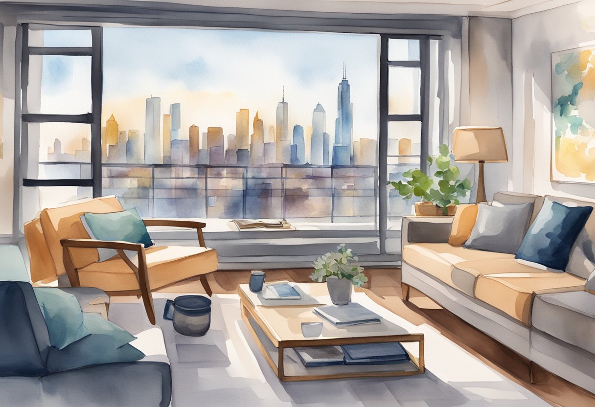 A cozy living room with a modern sofa, coffee table, and large windows overlooking a city skyline. A laptop and notebook sit on the table, with a bookshelf full of travel guides in the background