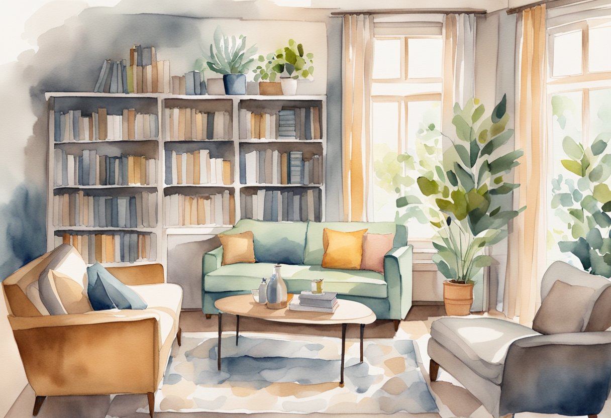 A cozy living room with modern furniture and a welcoming atmosphere, featuring a well-stocked bookshelf and a large window with natural light streaming in