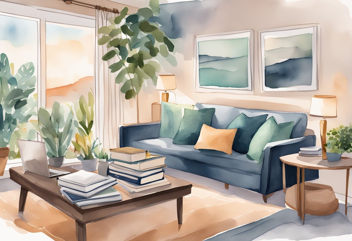 A cozy living room with modern furnishings, soft lighting, and a welcoming ambiance. A stack of travel books and a tablet displaying the "Ultimate Guide to Short-Term Rental Platforms" sits on the coffee table