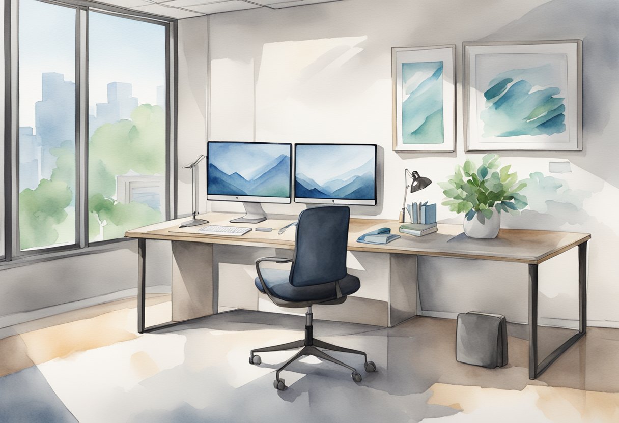 A modern office space with a sleek, organized desk and computer setup, featuring the Houst logo displayed on the screen. A sense of efficiency and ease is conveyed through the clean and minimalist design
