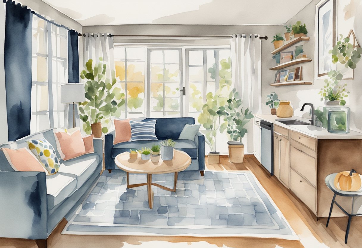 A cozy living room with modern furnishings, a well-stocked kitchen, and a tidy bedroom. A welcome basket sits on the counter, adding a personal touch