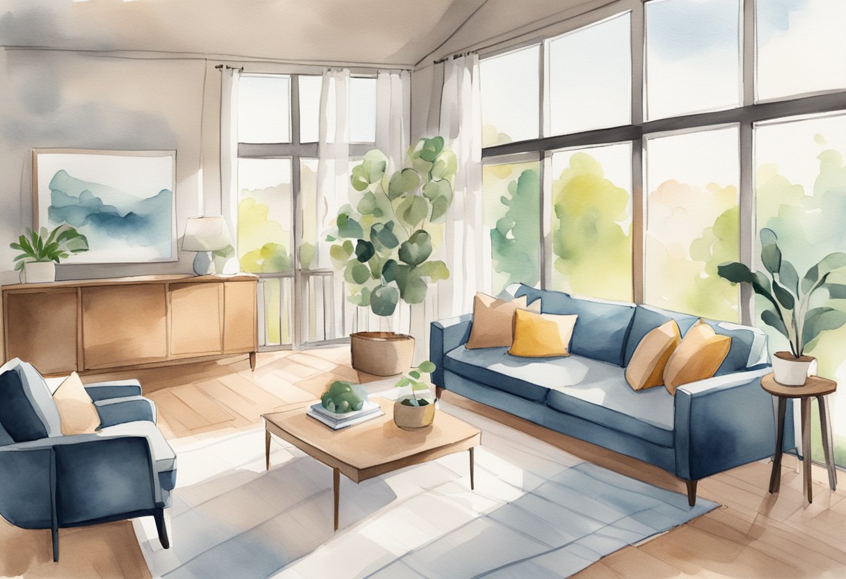 A cozy living room with a modern, minimalist design. A Houst app on a tablet, showing streamlined rental management processes. Bright, natural light streaming in through large windows
