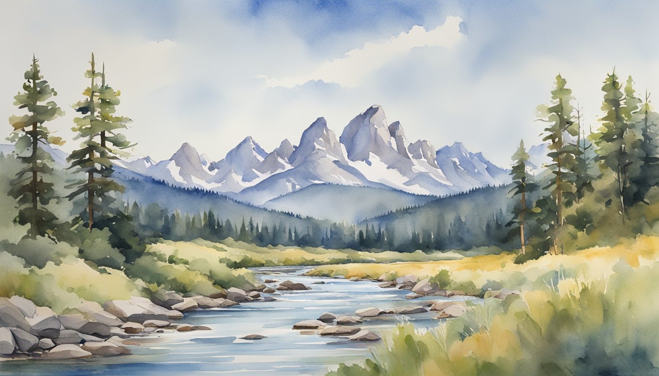 A majestic mountain range rises in the distance, while a winding river cuts through the lush valley below.</p><p>Pine trees dot the landscape, and a clear blue sky stretches overhead, showcasing the natural beauty of Wyoming