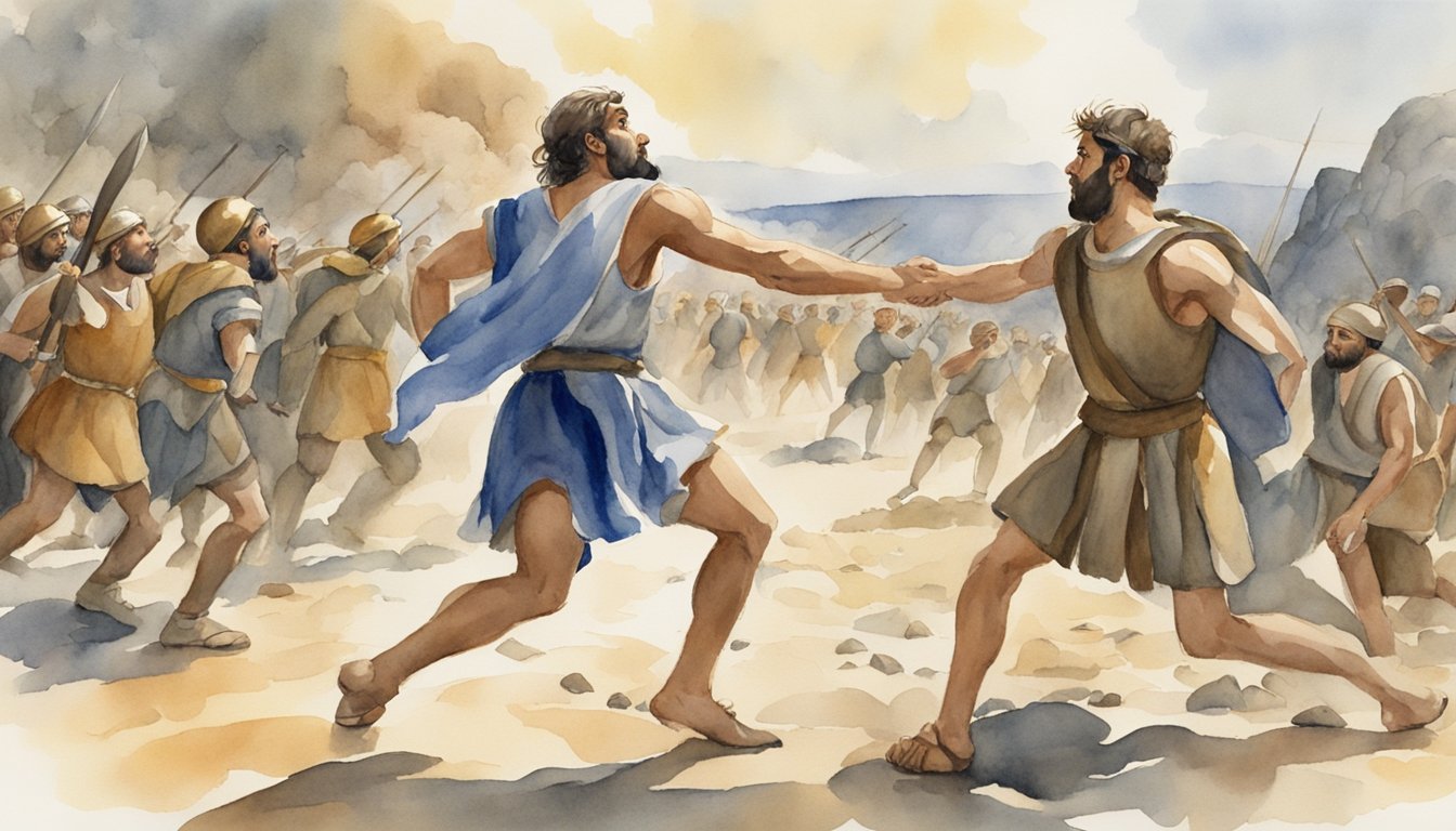 David slings a stone at Goliath's head, striking him down.</p><p>The Philistines flee in fear as the Israelites celebrate their victory