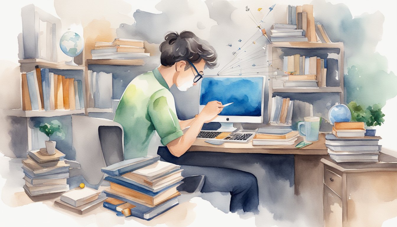 A desk with scattered books and a computer.</p><p>A person chewing gum while studying.</p><p>A brain with arrows showing improved concentration