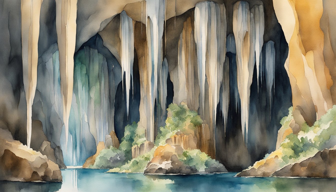 Glistening stalactites hang from the cave ceiling, while underground streams carve through ancient rock formations.</p><p>Bats flutter in the dim light, and delicate cave formations decorate the walls