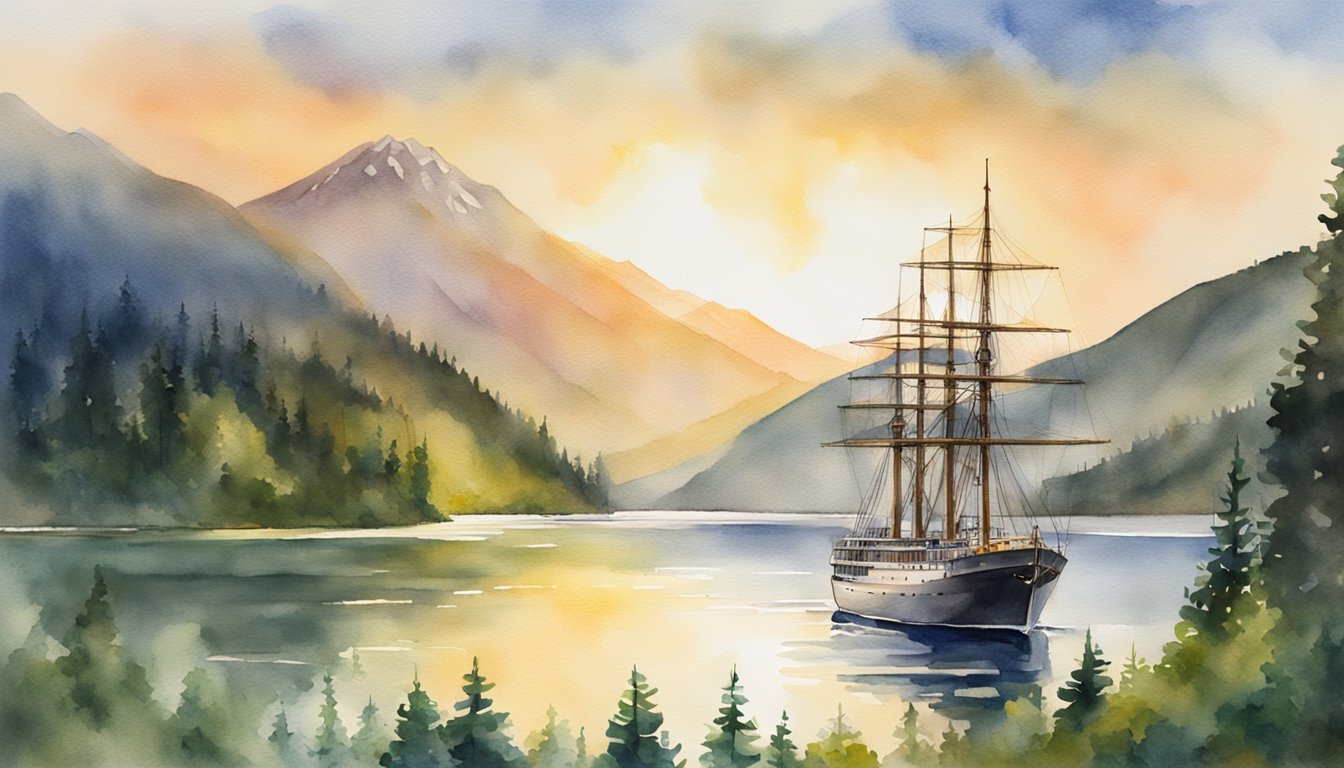 A ship glides through the Columbia River, passing by lush green forests and towering mountains.</p><p>The sun sets in the distance, casting a warm glow over the tranquil waters