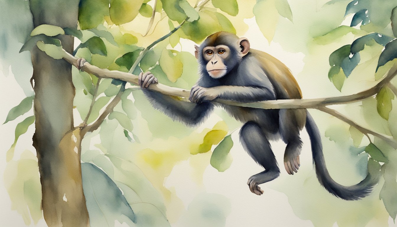 A monkey swings from branch to branch, foraging for food in the dense jungle foliage.</p><p>Its agile movements and expressive facial features reveal its social and curious nature