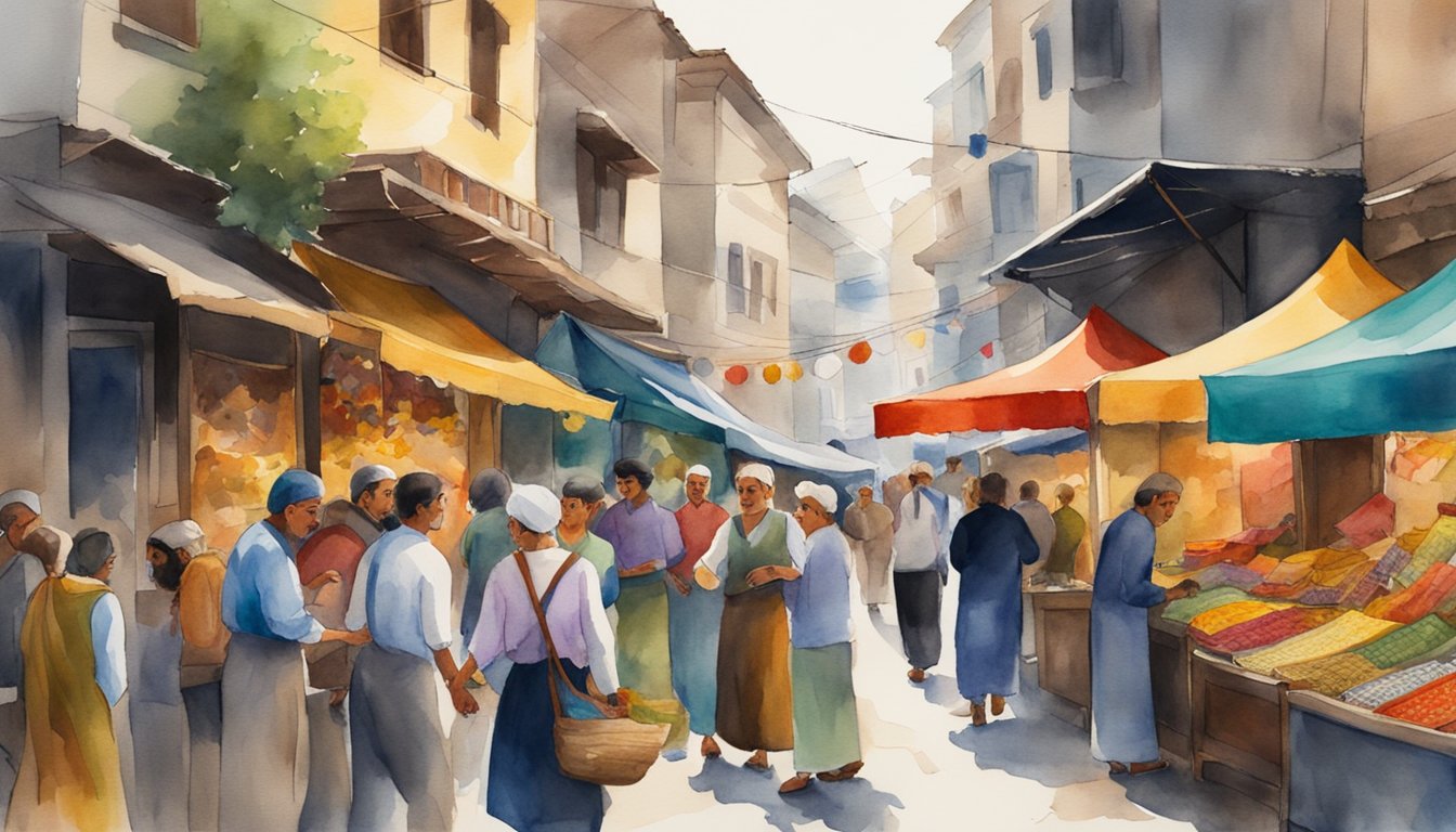 A bustling Turkish bazaar with colorful textiles, traditional music, and political posters adorning the streets