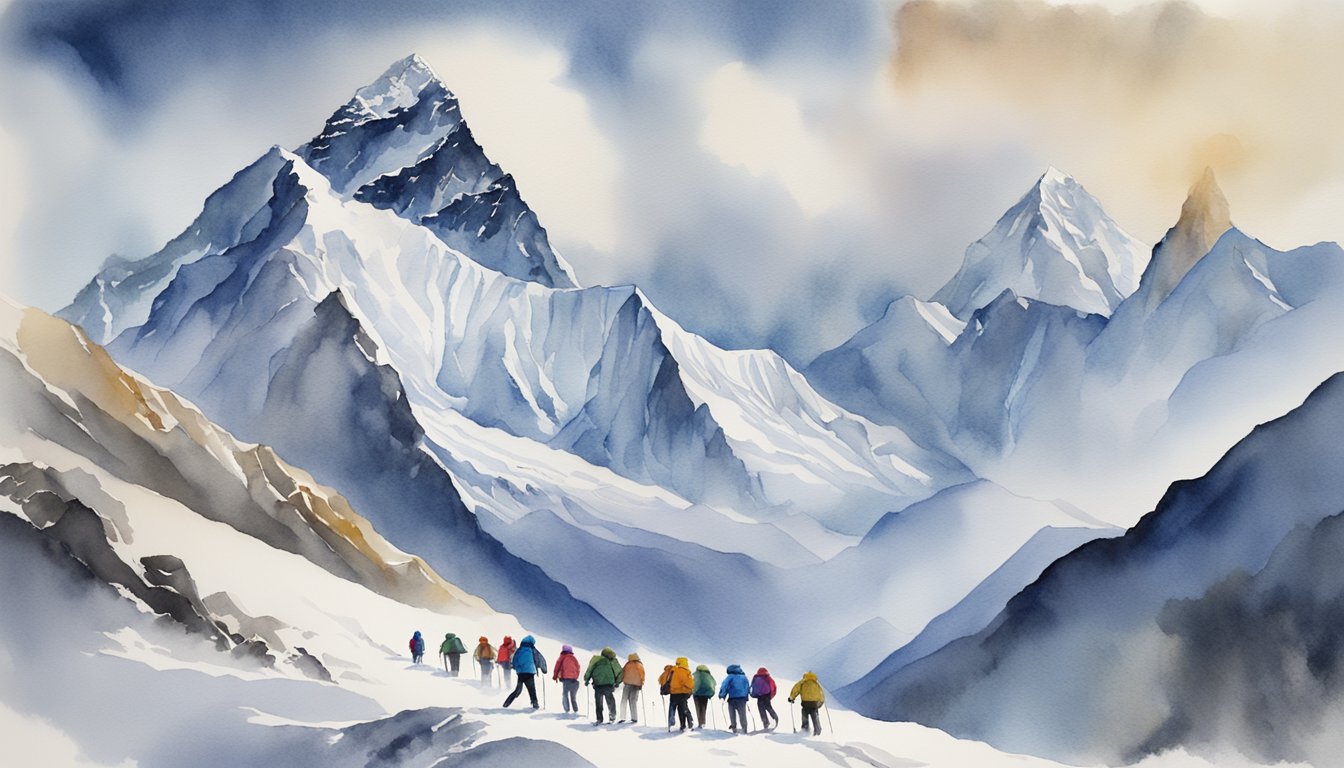 A group of climbers ascends Mount Everest, navigating treacherous terrain and facing extreme weather conditions.</p><p>The majestic peak looms in the background, surrounded by swirling clouds and snow-covered slopes