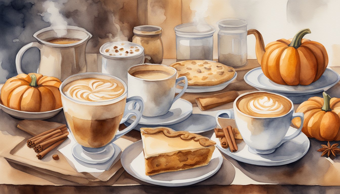 A table filled with pumpkin spice lattes, pies, and cookies.</p><p>Steam rises from the drinks, and the aroma of cinnamon and nutmeg fills the air