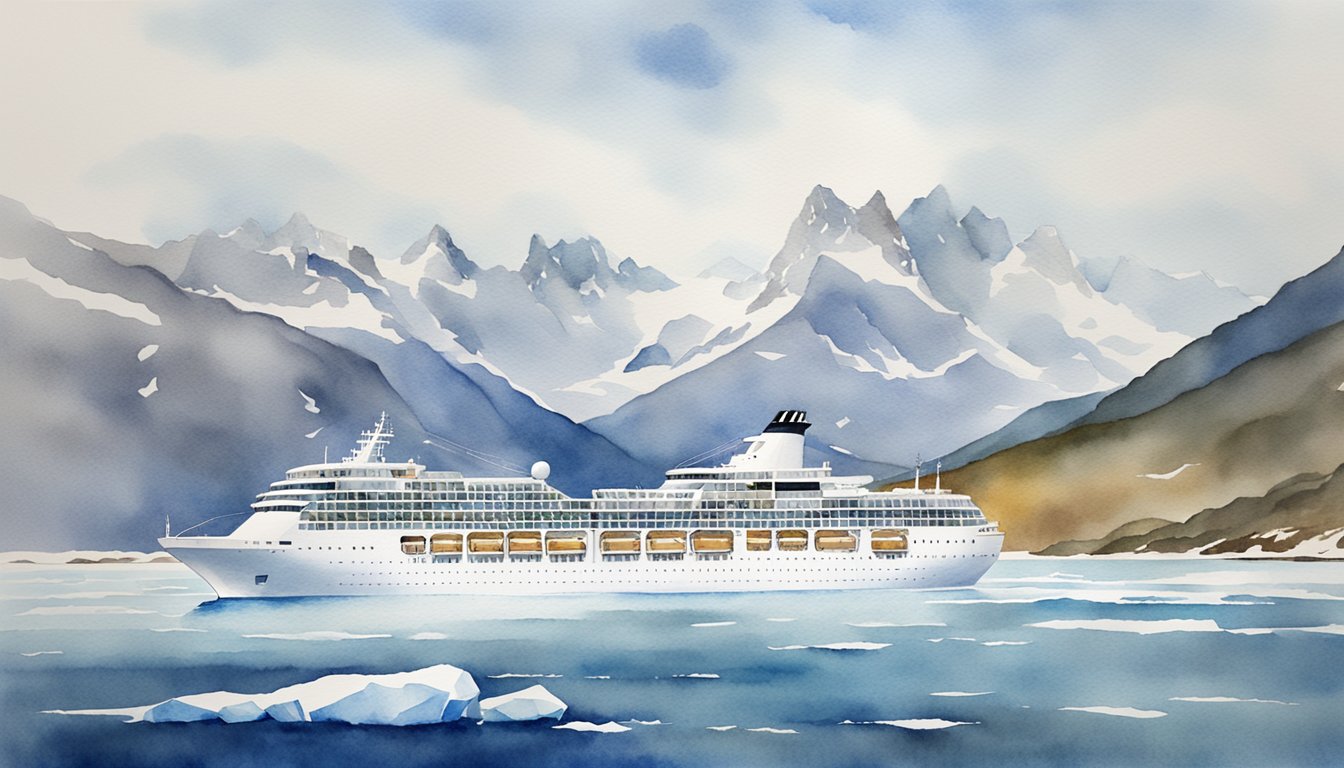 A cruise ship departs from the port in Argentina, bound for Antarctica.</p><p>The vessel is surrounded by icy waters and towering snow-capped mountains in the distance