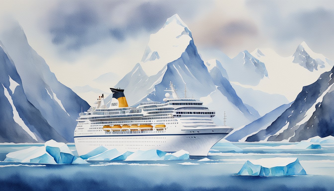 A cruise ship sails through icy waters, surrounded by towering glaciers and snow-capped mountains in Antarctica, departing from Argentina