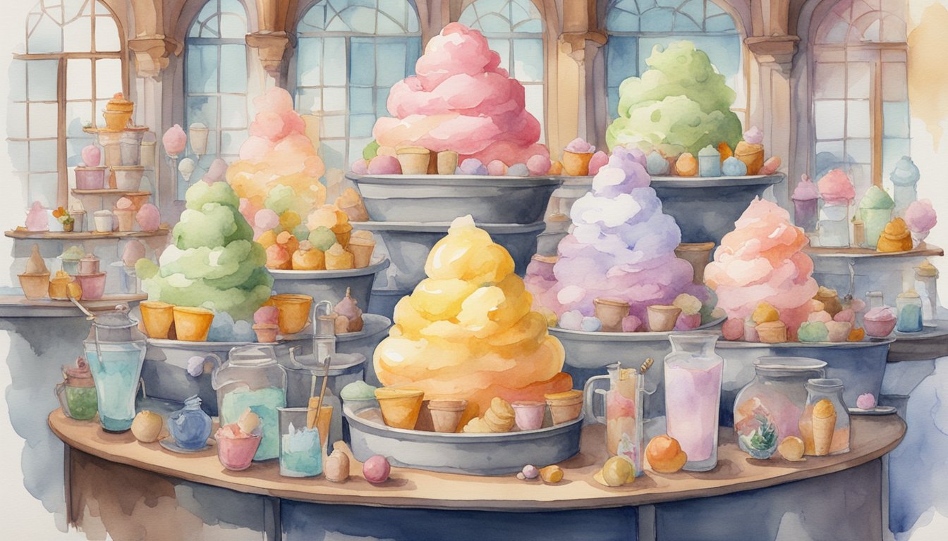 A group of ice cream innovators experiment with unconventional flavors in a whimsical parlor, surrounded by bubbling cauldrons and towering stacks of unique ingredients