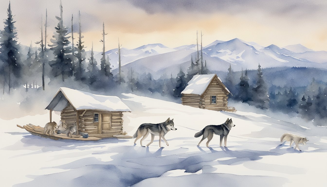 Snow-covered landscape with a rustic cabin, a pack of wolves in the distance, and a team of sled dogs in the foreground