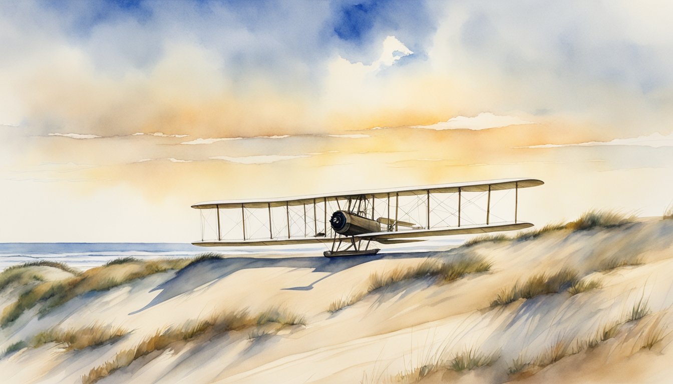 The Wright Flyer soars above the sandy dunes of Kitty Hawk, North Carolina, with onlookers gazing in awe at the historic moment