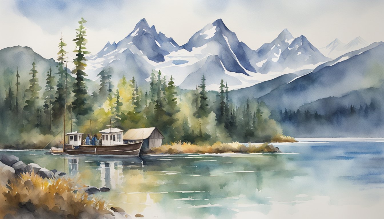 Alaska's diverse landscape, including mountains, forests, and glaciers, reflects its rich history, culture, and economy.</p><p>The scene could feature a snow-capped mountain range, a traditional totem pole, and a fishing boat on a serene lake