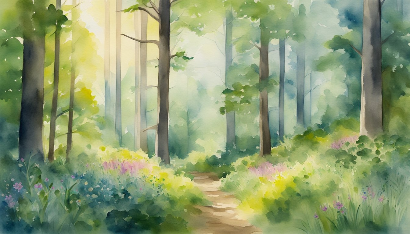 A serene forest with sunlight filtering through the trees, highlighting the lush green foliage and vibrant wildflowers, creating a sense of calm and rejuvenation