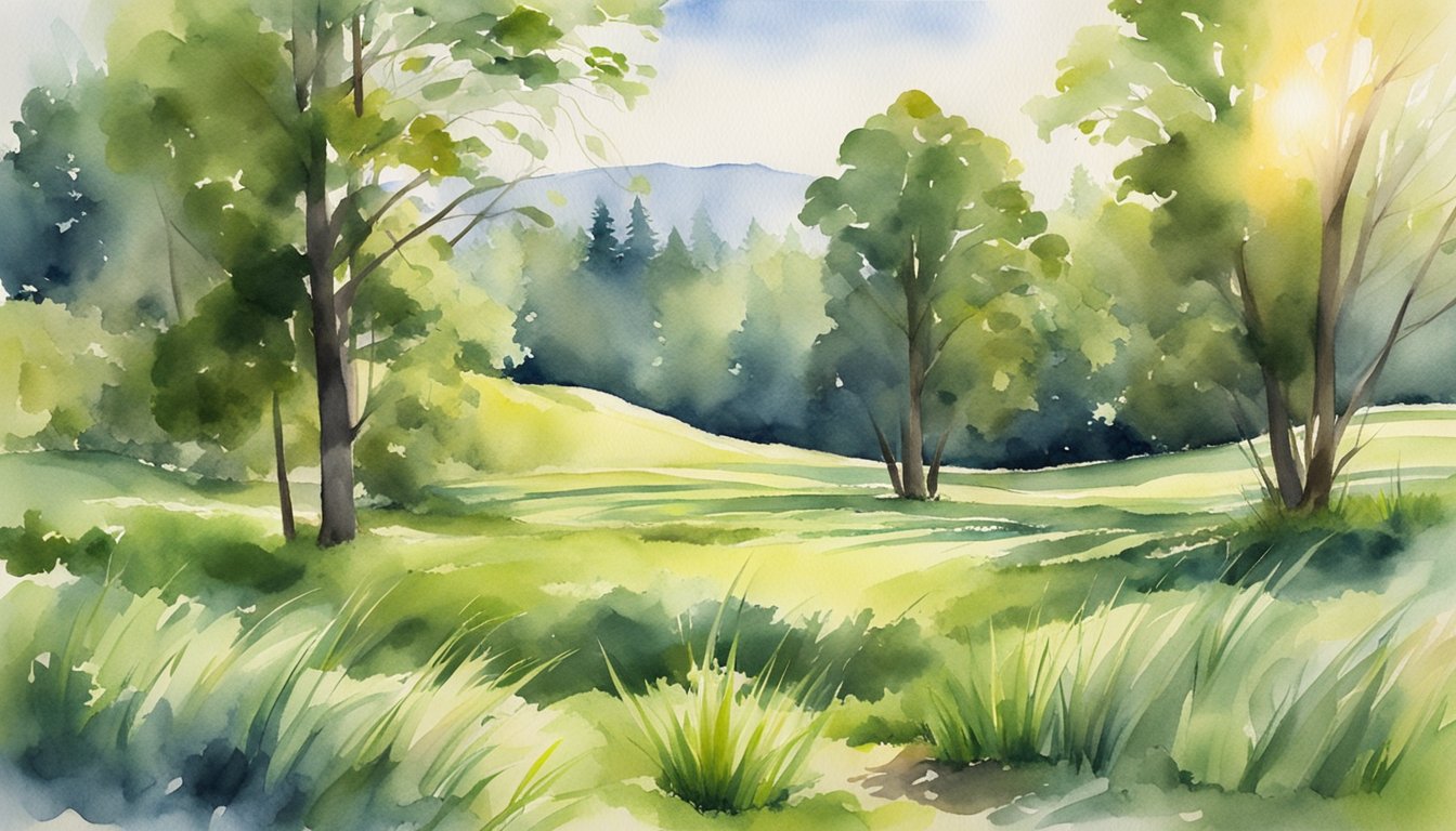 A lush green field with various types of grasses, surrounded by trees and wildlife.</p><p>The sun is shining, casting shadows on the blades of grass