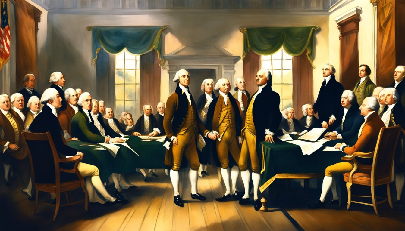 The signing of the Declaration of Independence, with a group of men gathered around a table, pen in hand, in a grand colonial room