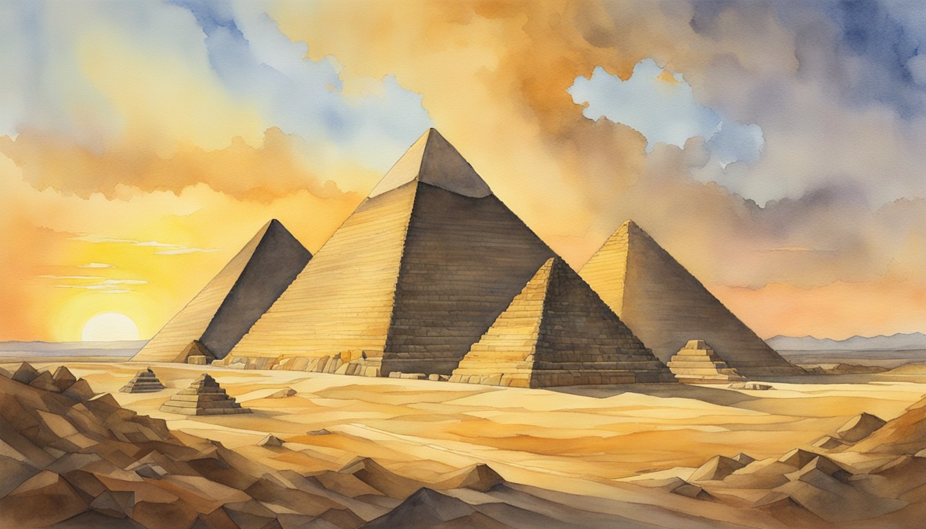 The Great Pyramid of Giza rises majestically against a golden sunset, towering over the surrounding desert landscape.</p><p>The intricate stone blocks create a mesmerizing pattern, drawing the eye towards the pinnacle of this ancient wonder