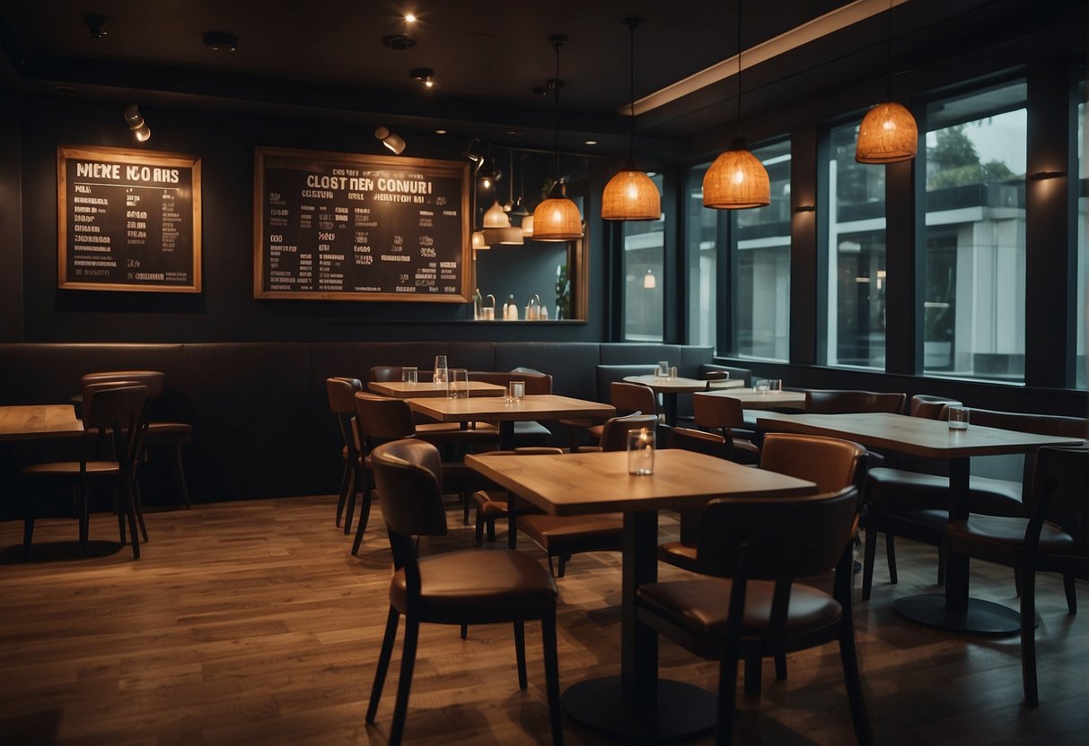 Closed restaurant with Nutri Mix Consultoria sign. Empty tables and chairs, dark interior