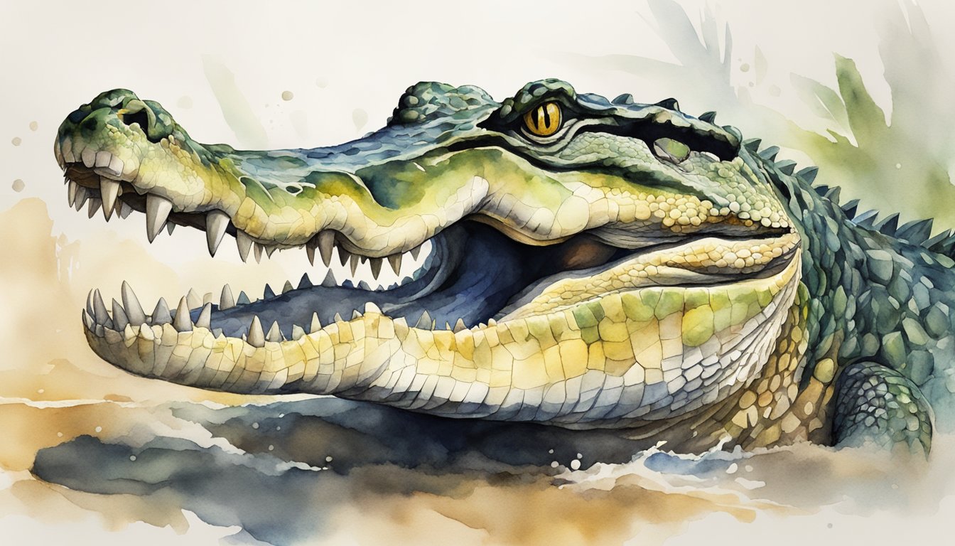 A crocodile clamps its powerful jaws around prey, showcasing its immense bite force.</p><p>Its sharp teeth and muscular jaw muscles are highlighted in the illustration