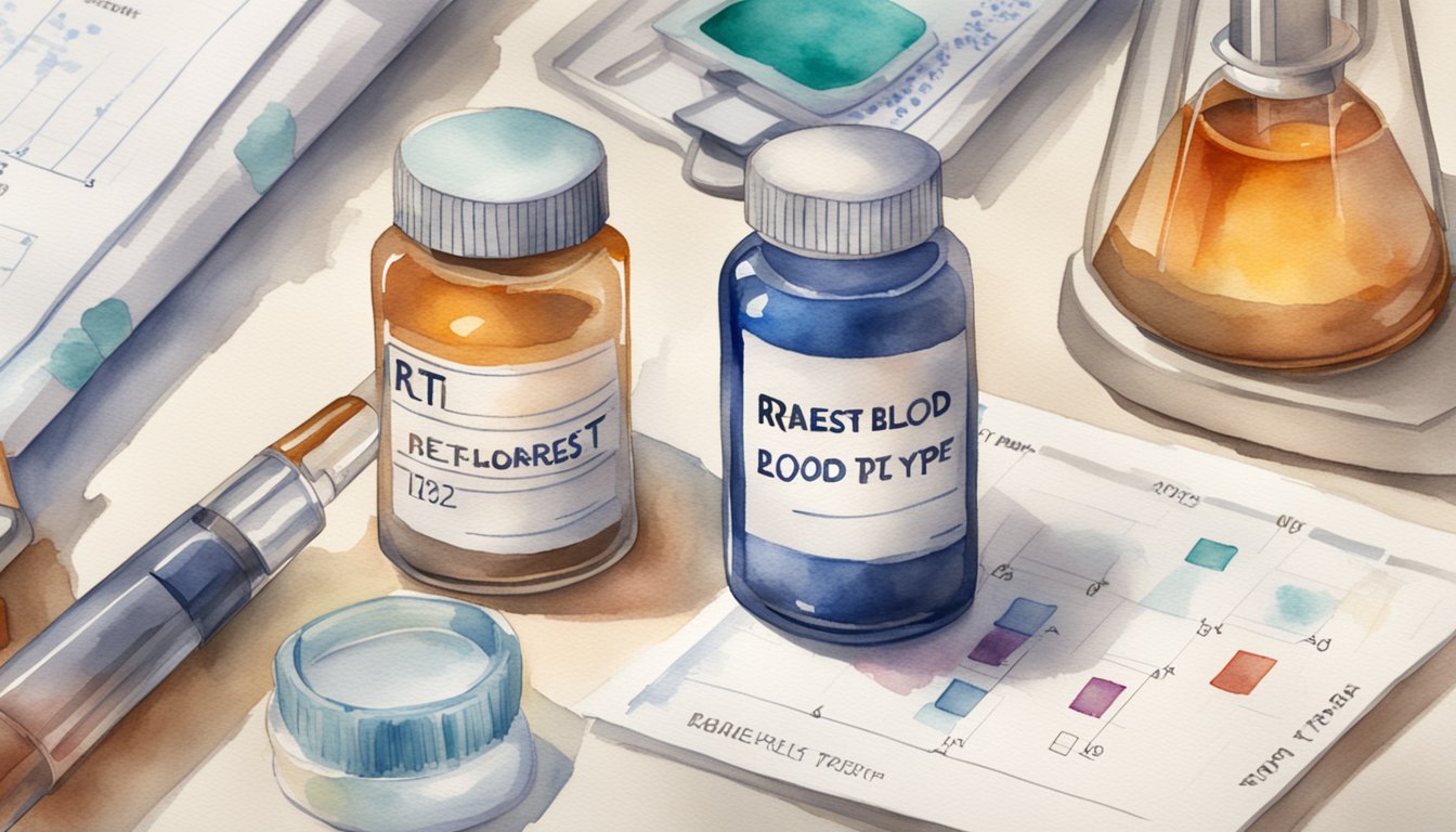 A vial labeled "rarest blood type" sits on a laboratory table, surrounded by medical equipment and charts.</p><p>The label is prominently displayed, drawing attention to the clinical importance of blood types