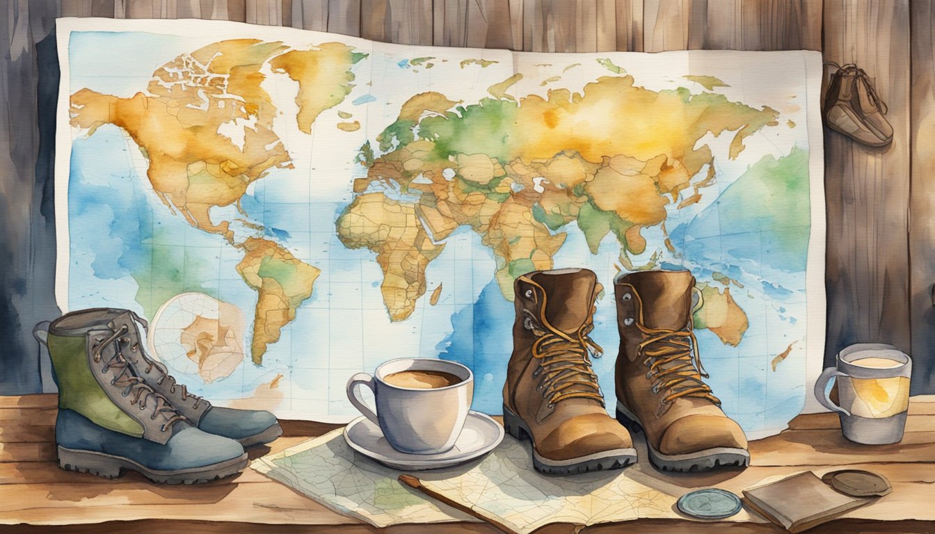 A map spread out on a rustic wooden table, surrounded by hiking boots, a compass, and a backpack.</p><p>A trail guidebook and a mug of coffee complete the scene